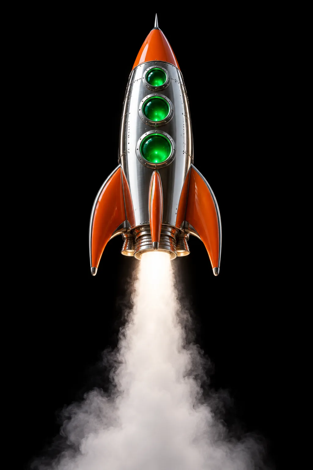 A chrome and orange toy rocket lifting off on a column of vapor.