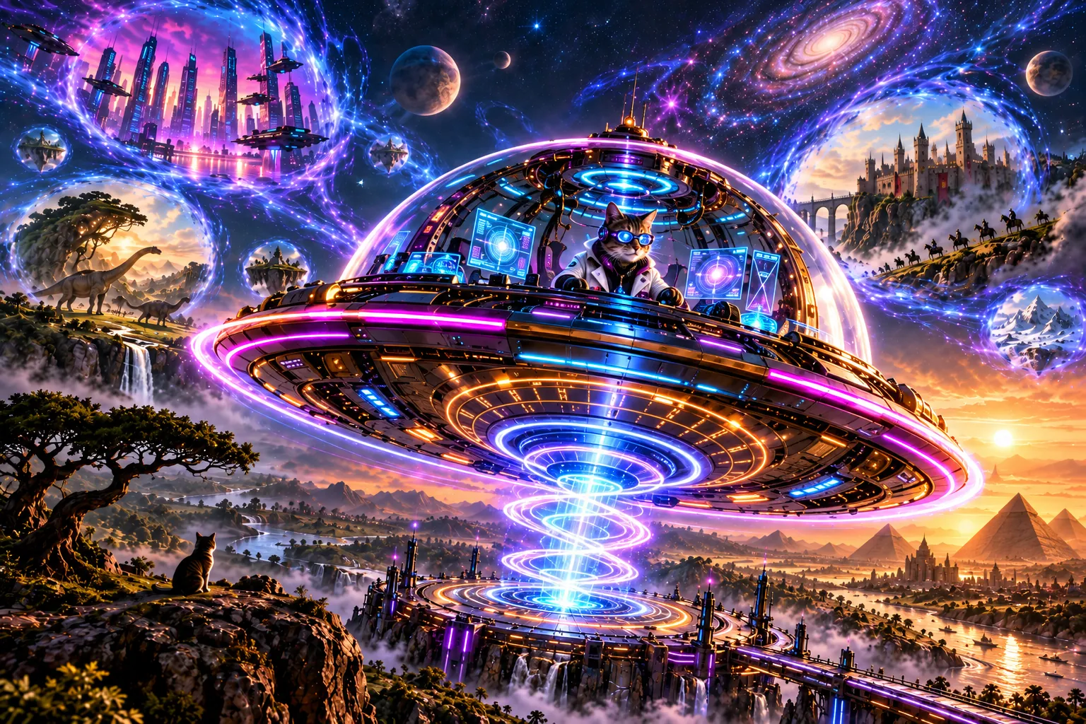 A glowing saucer-shaped time machine with a cat in goggles at the controls, hovering over a landscape of portals to a future city, dinosaurs, a castle and the pyramids.