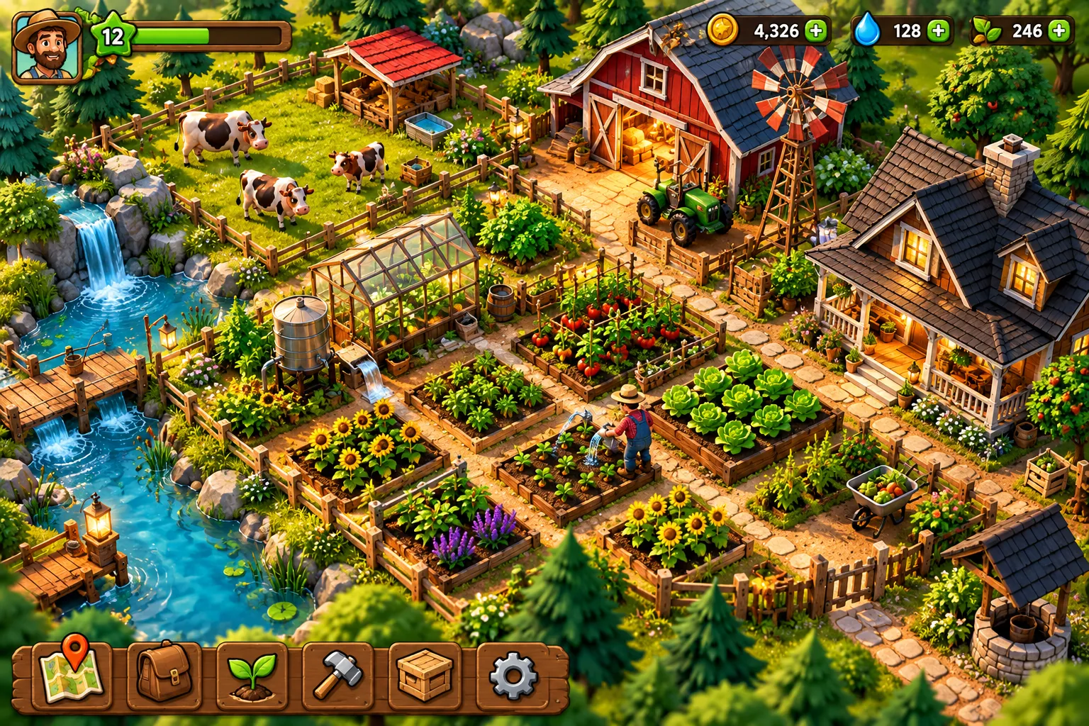 A farming game screen at golden hour: a red barn, a farmhouse, a greenhouse, raised beds of sunflowers and lettuce, cows in a pasture and a pond with a waterfall, while a farmer waters the crops.