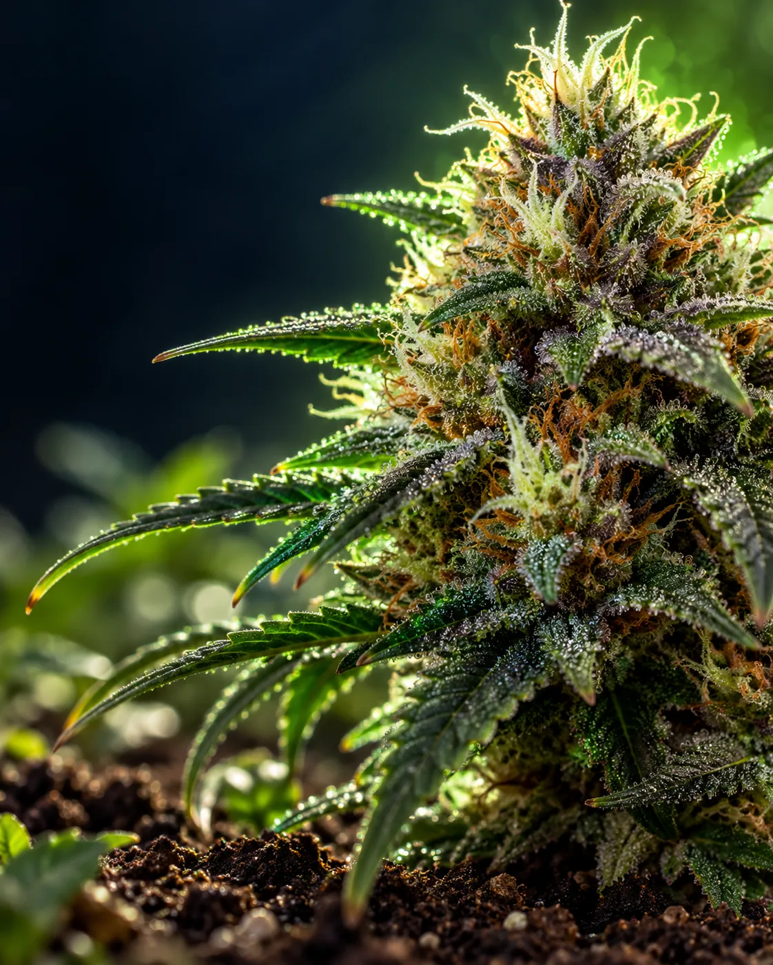 Macro photograph of a frosty cannabis flower lit with green rim light, growing out of dark soil.