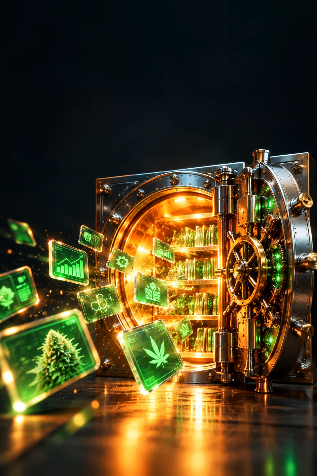 A chrome vault door swung open, warm light pouring out with glowing green cards.